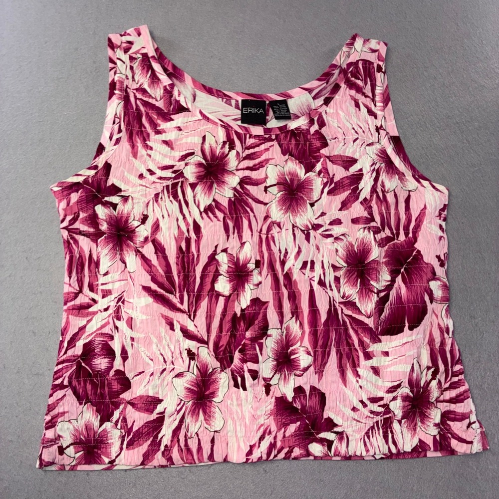305 Erika Tank Top Large Pink Tropical Hibiscus Floral Textured Sleeveless